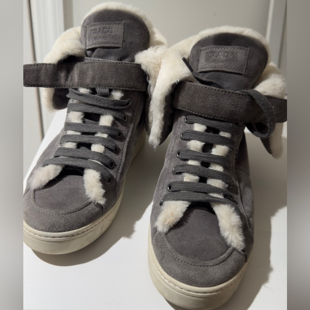 Prada Sport suede high-top sneaker in grey with white shearling linning